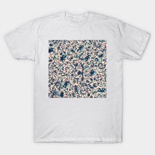 Teal Garden - floral doodle pattern in cream & navy blue T-Shirt